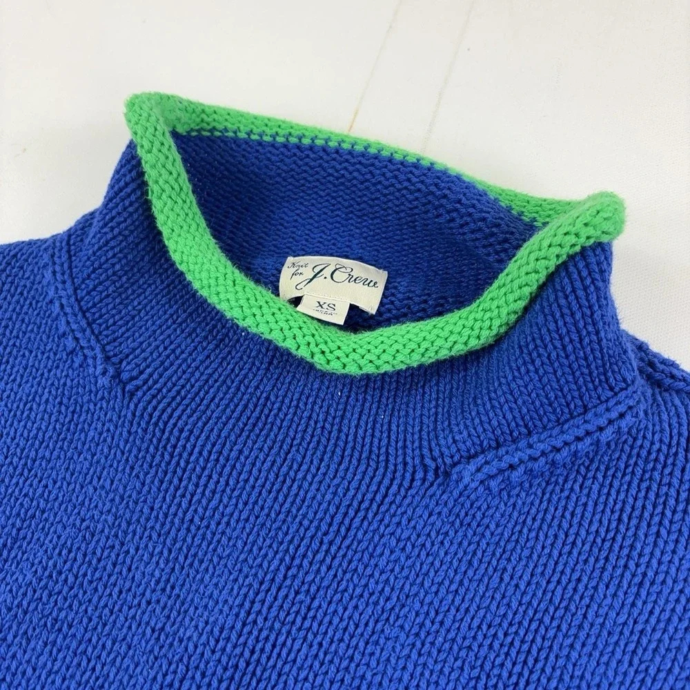 J Crew Sweater Womens XS Blue Mock Neck Fisherman Contrast Trim Knit Pullover